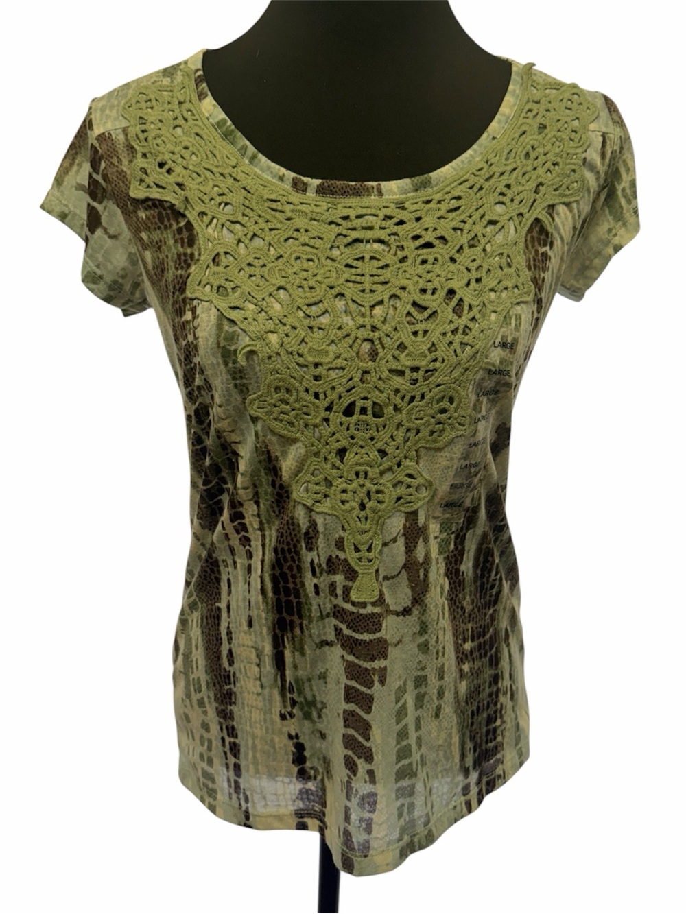 Tru Self Green Brown Croc Print Lace Trim Blouse Short Sleeve Top NWT